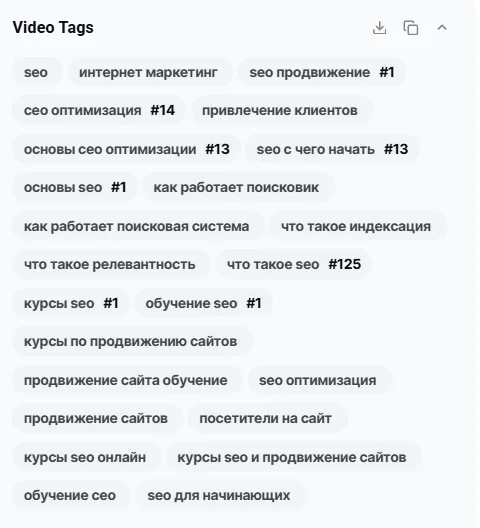 Теги видео, видимые через инструмент vidIQ